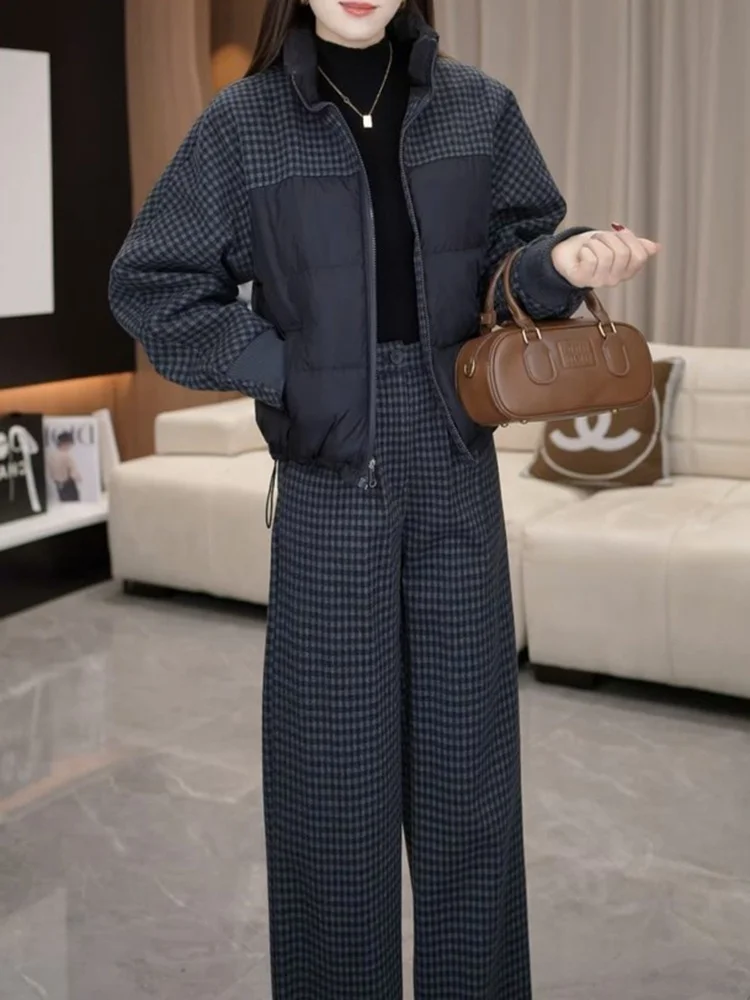 

Trendy Plaid Wool Blend Cotton Jacket And Wide Leg Pants Set Women's Winter Warm Outerwear Two Piece Suit High Waist Zipper