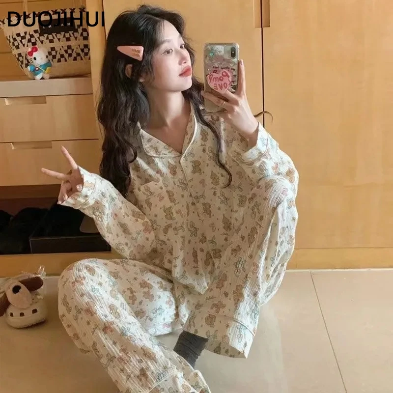 DUOJIHUI Loose Printing Casual Autumn New Female Pajamas Set Chic Button Cardigan Fashion Simple Long Pant Sweet Pijamas Women