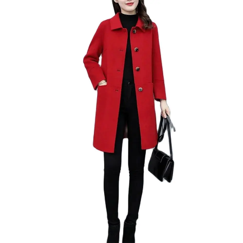 Red Women's Woolen Coat  2024 New Fashion Autumn Winter  Woolen Coat Mid-Long Single-breasted Blended Wool Female Jacket Outwear