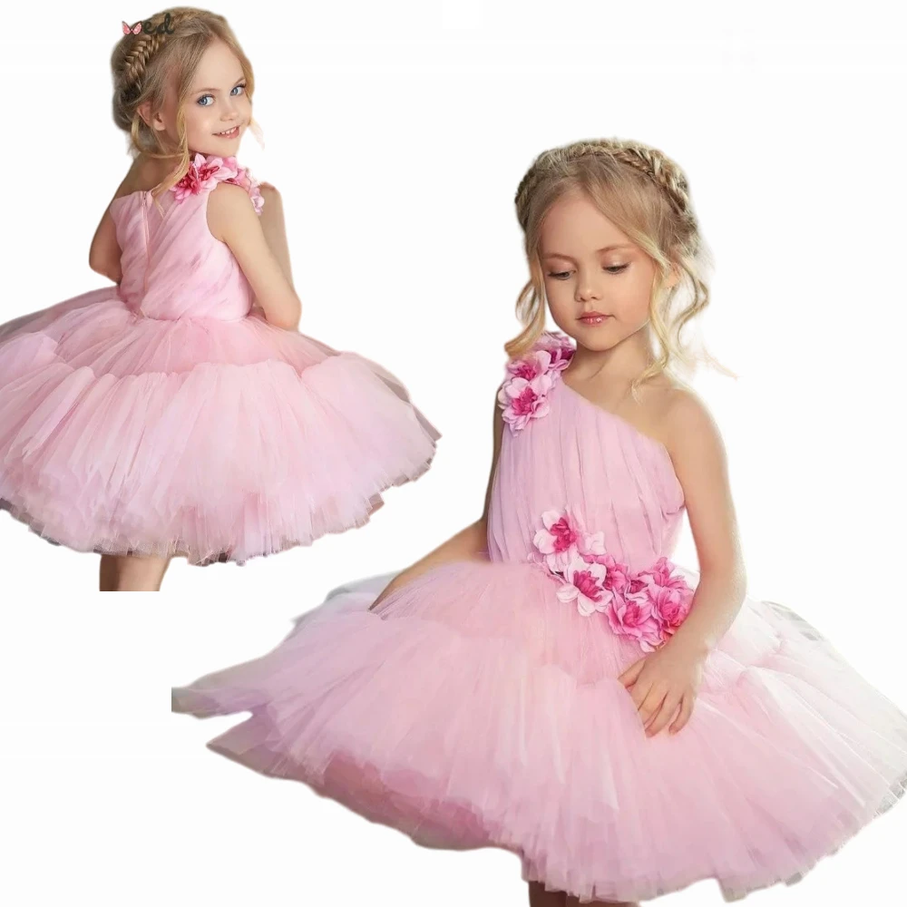 One-shoulder Tulle Fluffy Decal Dance Princess Flower Girl Dress Wedding Party Ball First Communion Gowns Kids Birthday Gift