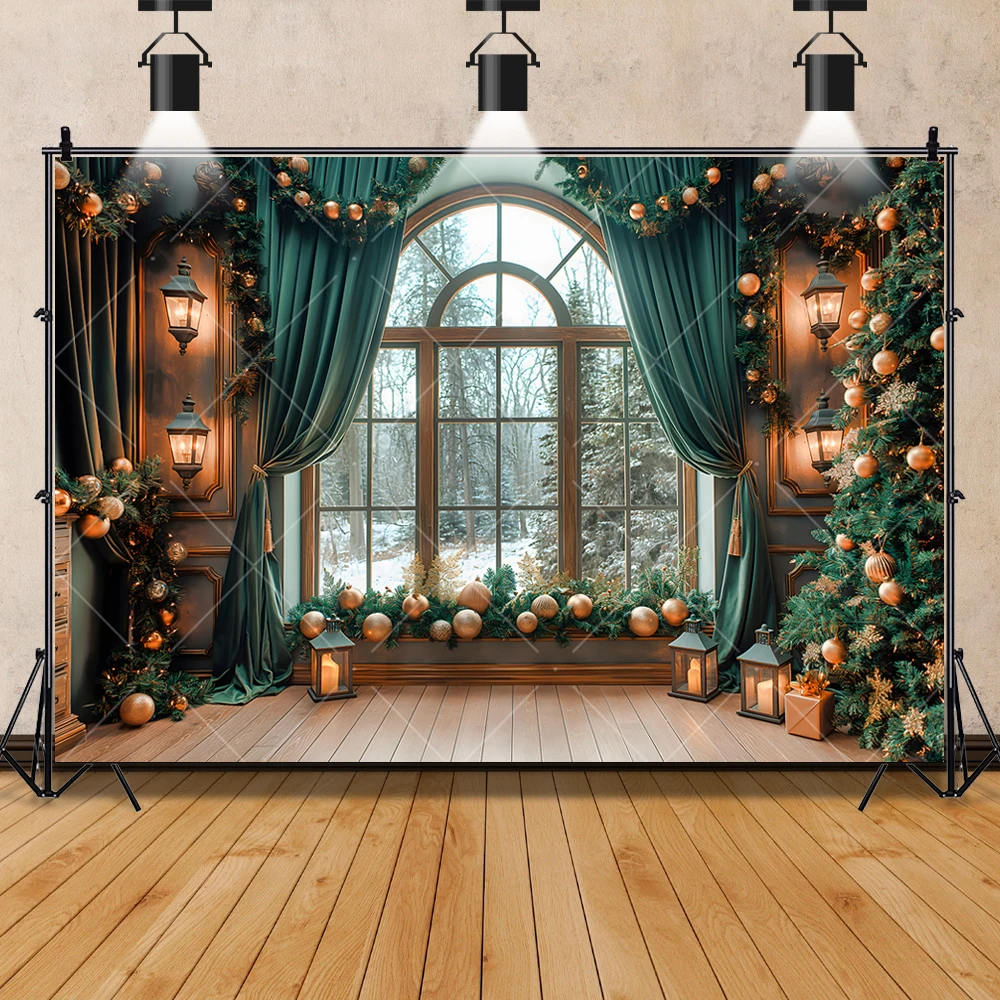 Christmas Interior Dark Green Garland Wall Window Aldult Kid Family Party Backdrop Custom Kid Room Photo Poster Decor Background