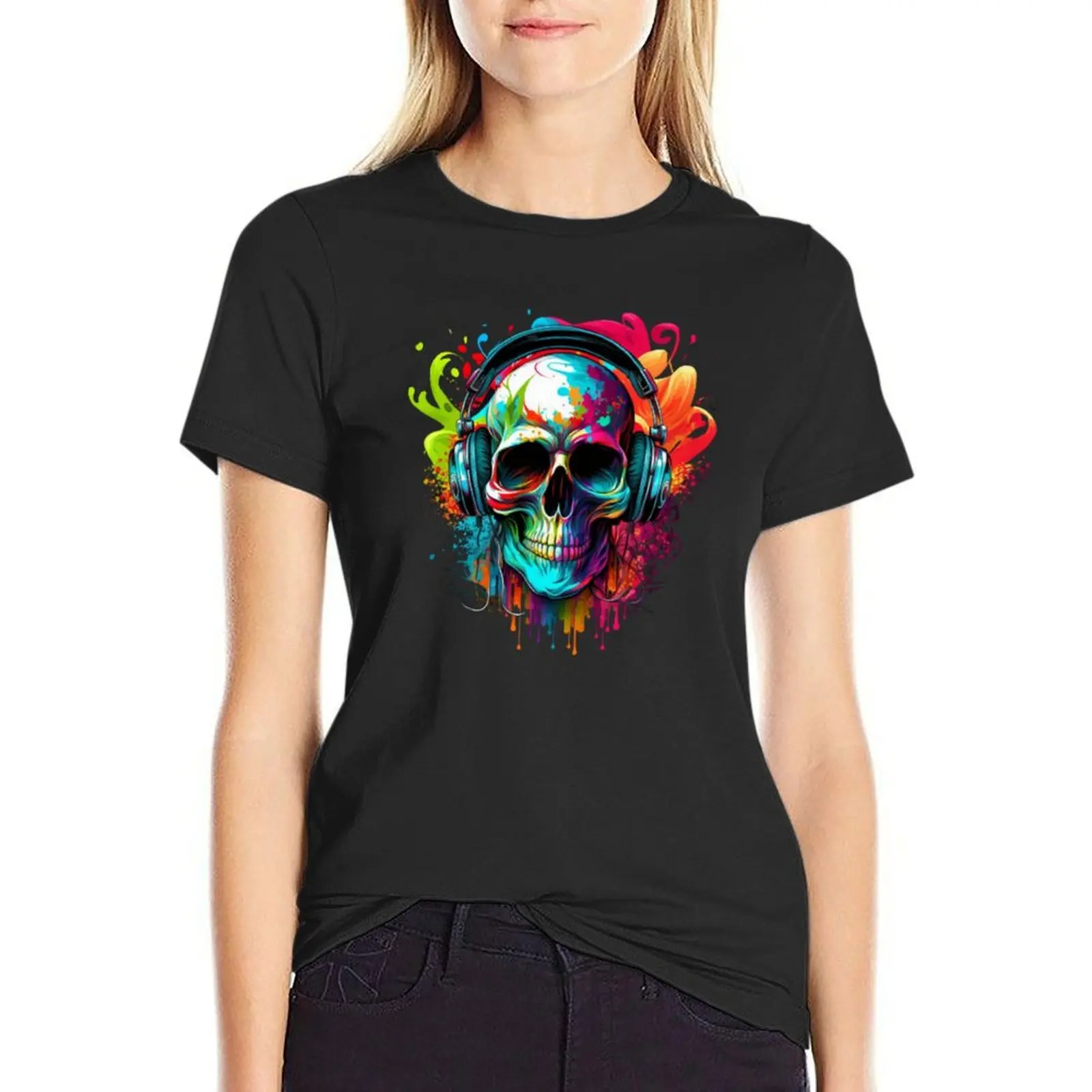 Skull With Headphones T-Shirt plain summer clothes cute tops T-shirts for Women