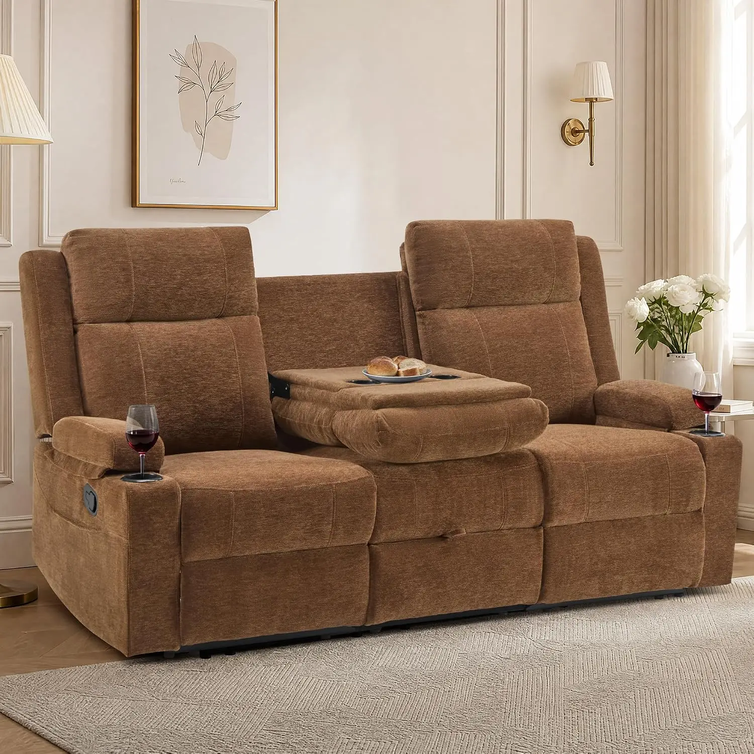Manual Reclining Sofa, Chenille Fabric, Flip-Down Backrest, 4 Cup Holders, Storage & Pockets, Home Cinema, 75