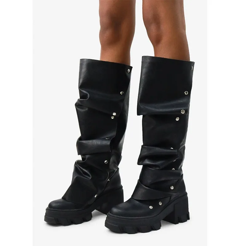 Botas largas hasta la rodilla con remaches para mujer, zapatos de tacón grueso con plataforma gruesa y punta redonda, ideales para banquete