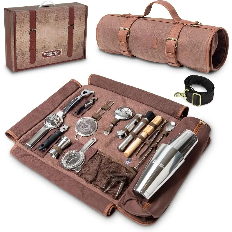 Bartender Bag Travel Bartender Kit Bag with Bar Tools | Professional 17-Piece Bar Tool Set with Portable Waxed Canvas Bag