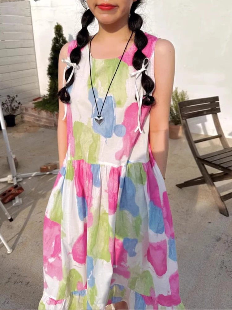 여름 새 스타일 여성의 느슨한 민소매 롱 드레스 조끼 염색 인쇄 유화 스타일 한국어 버전 롱 스커트