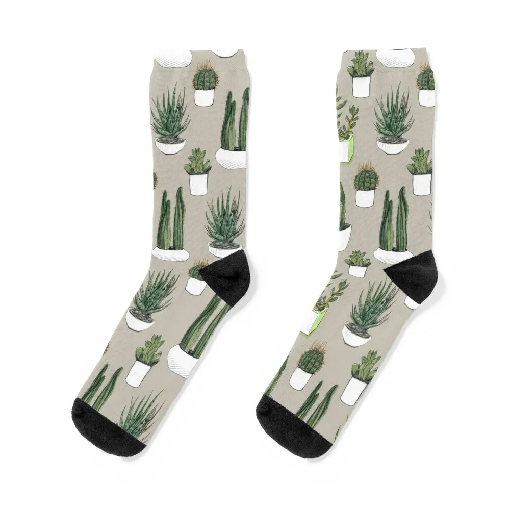 Watercolour Cacti & Succulents - Beige Socks Running Crossfit Socks Man Women's