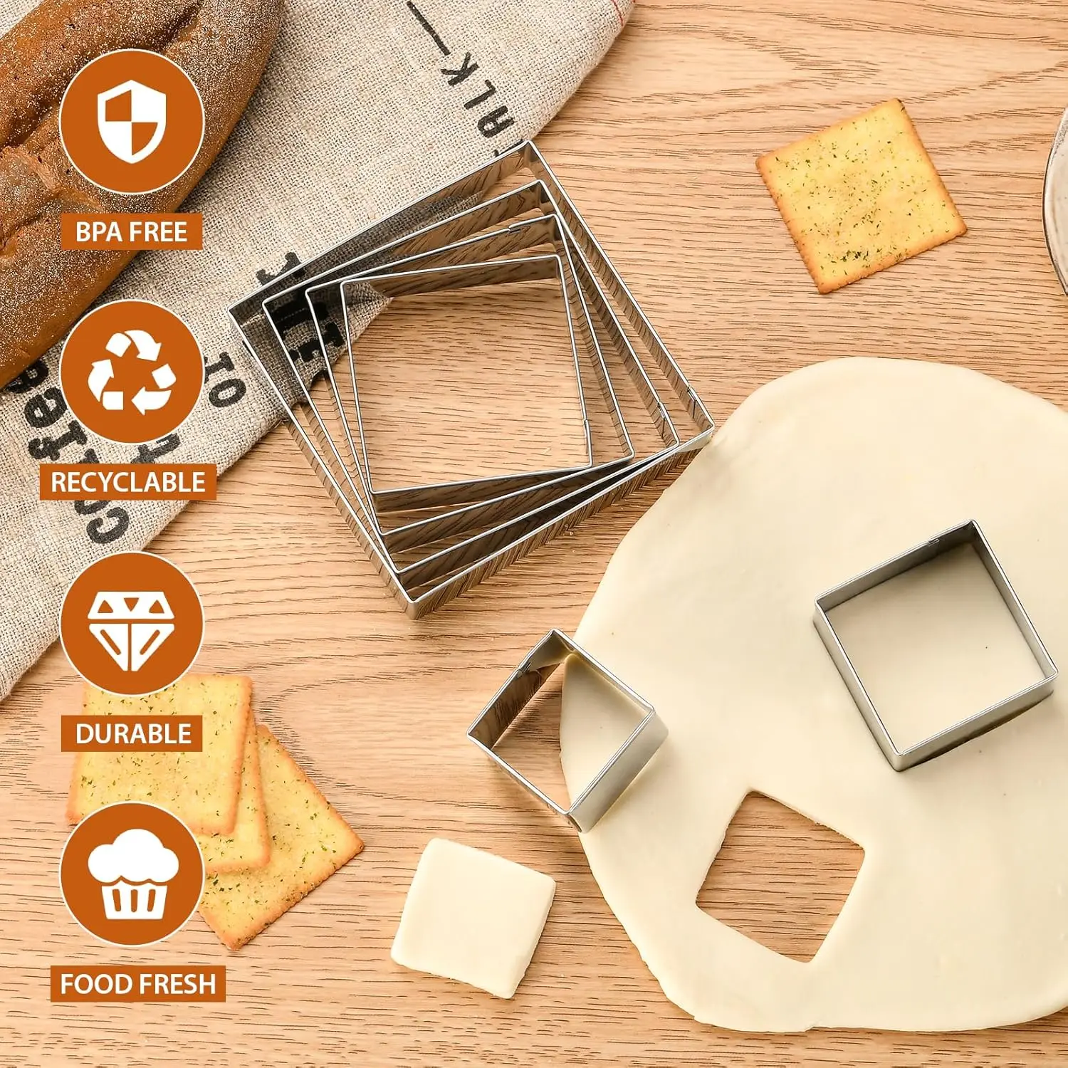 Cake Ring Set, 5PCS Square Stainless Steel, Food Grade Smooth Edge Easy Clean, Pancake Biscuit Molds, Cake Decorating