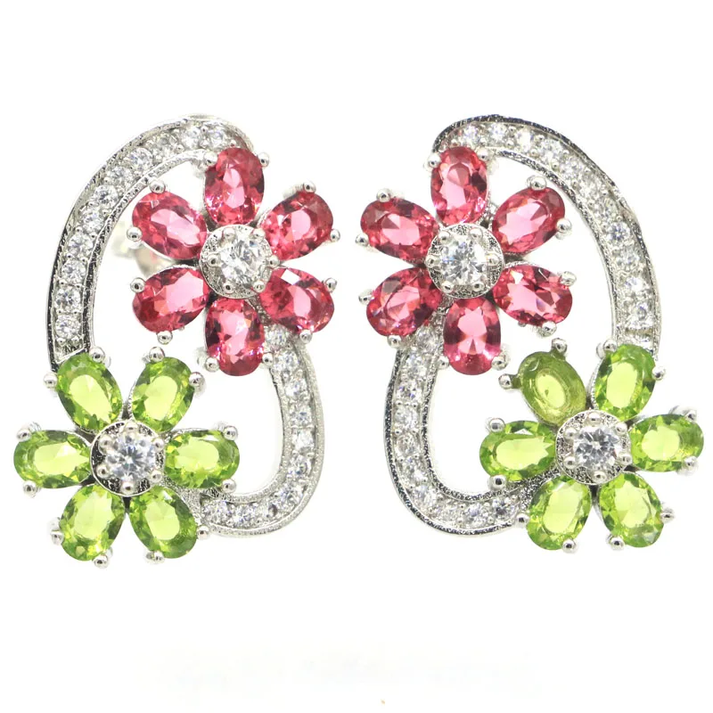 

24x18mm Multi Color Green Peridot Tourmaline Violet Tanzanite Rhodolite Garnet CZ Woman's Silver Earrings Eye Catching