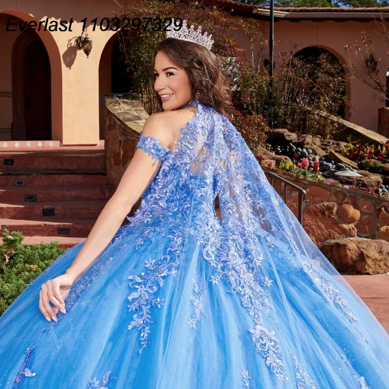 EVLAST-Robe de RhQuinceanera bleue personnalisée, appliques en dentelle florale 3D, perles avec cape, Sweet 16, robe éducative, 15 ans, TQD763