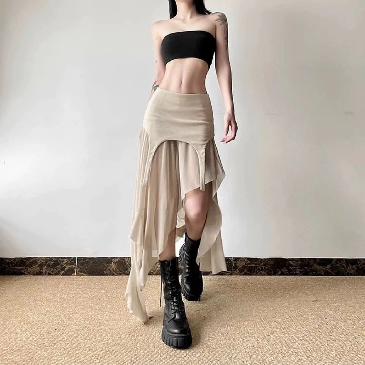 Women Skirt Mesh Asymmetrial Slimming Long Length A Line Skirt Korean Fashion Vintage Patchwork Ruffle Beach Streetwear Clothing