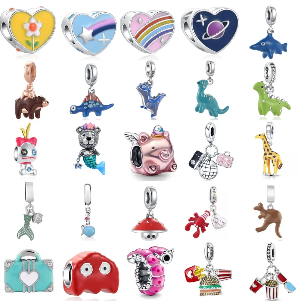 Nuevo colgante de dinosaurio y jirafa de animales de dibujos animados de plata 925, cuentas adecuadas para pulseras europeas, accesorios DIY, joyería
