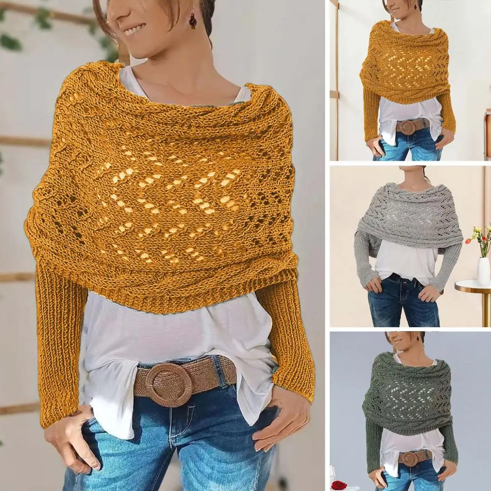 1/2Pcs Knitted Cable Wrap With Sleeves Bohemian Style Sweater Scarf Open Stitch Hollow Crochet Braided Scarf Shawl