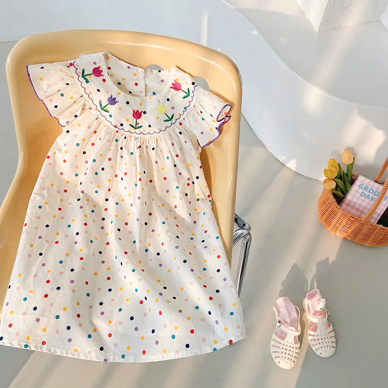 

Baby Girl Dress Flower Embroidery Ruffled Round Neck Dress Colorful Polka Dot Printed Princess Dress 90-140cm