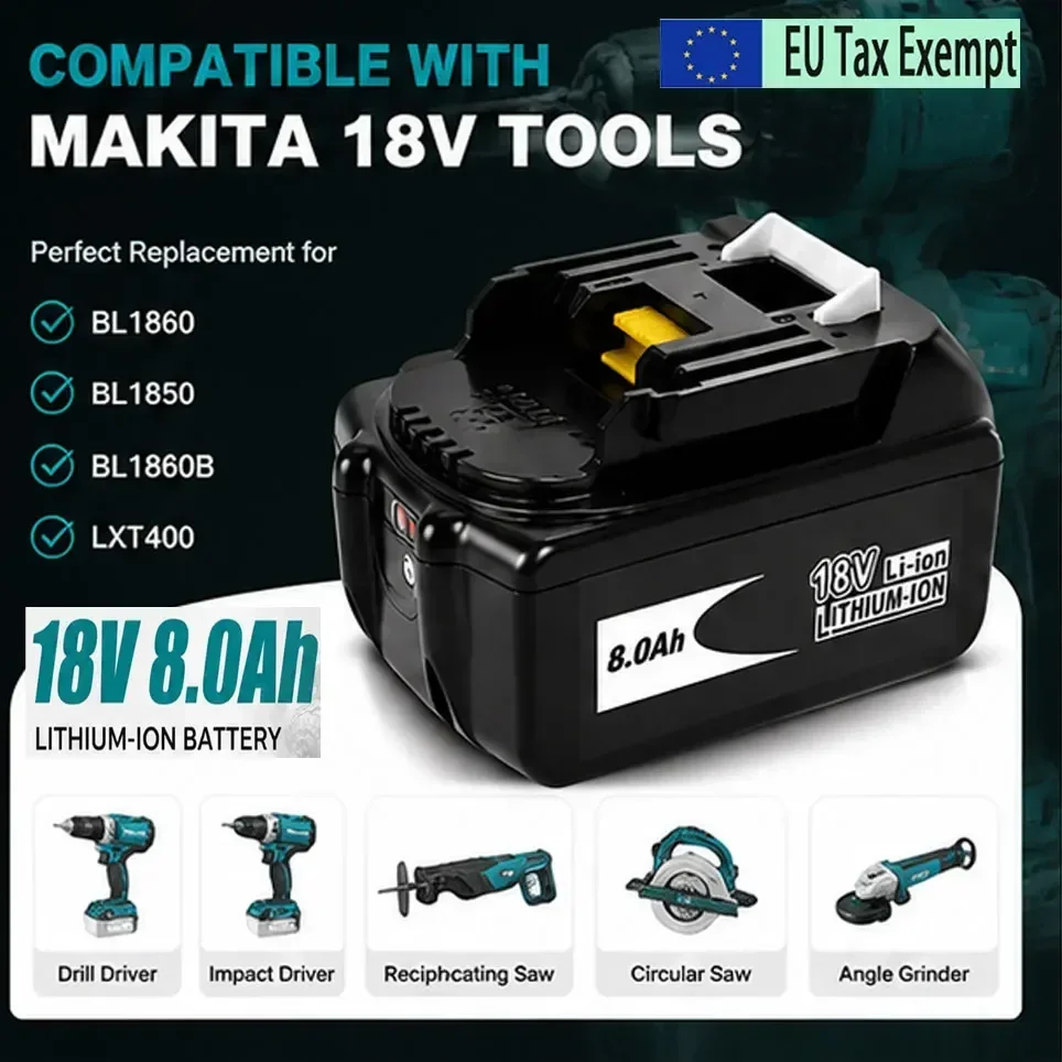 Batteria di ricambio ricaricabile da 18 V e 8000 mAh, compatibile con le batterie per utensili elettrici Makita BL1815, BL1830, BL1840, BL1860. In dotazione caricabatterie da 4 A e 6 A.