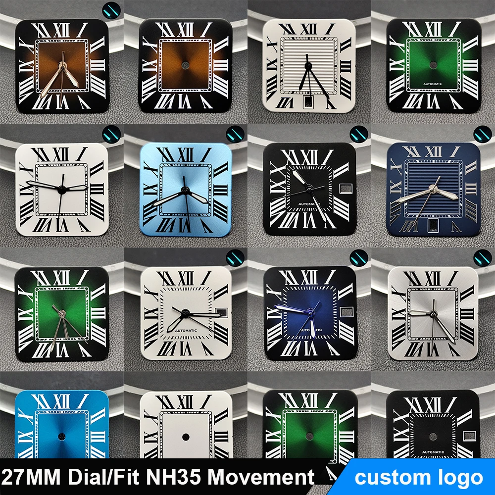 27mm Square Watch Dial For NH35 Automatic Movement 3/6 O'clock Date Window Roman Numerals Dial Watch Modification Watch Parts