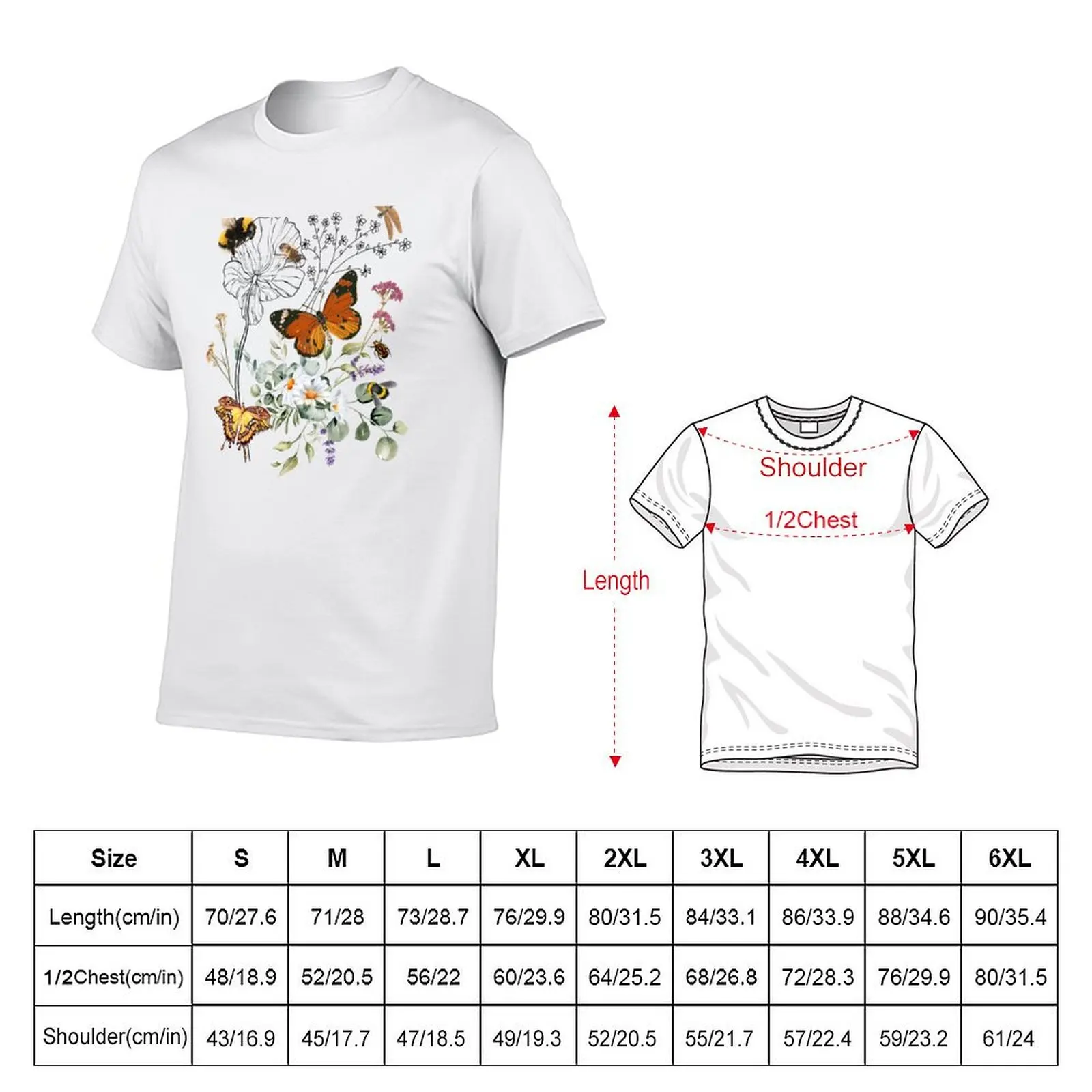 Spring Pollinators Line Drawing With Colorful Wildflowers Design T-Shirt Big and Tall Short Sleeve Tee