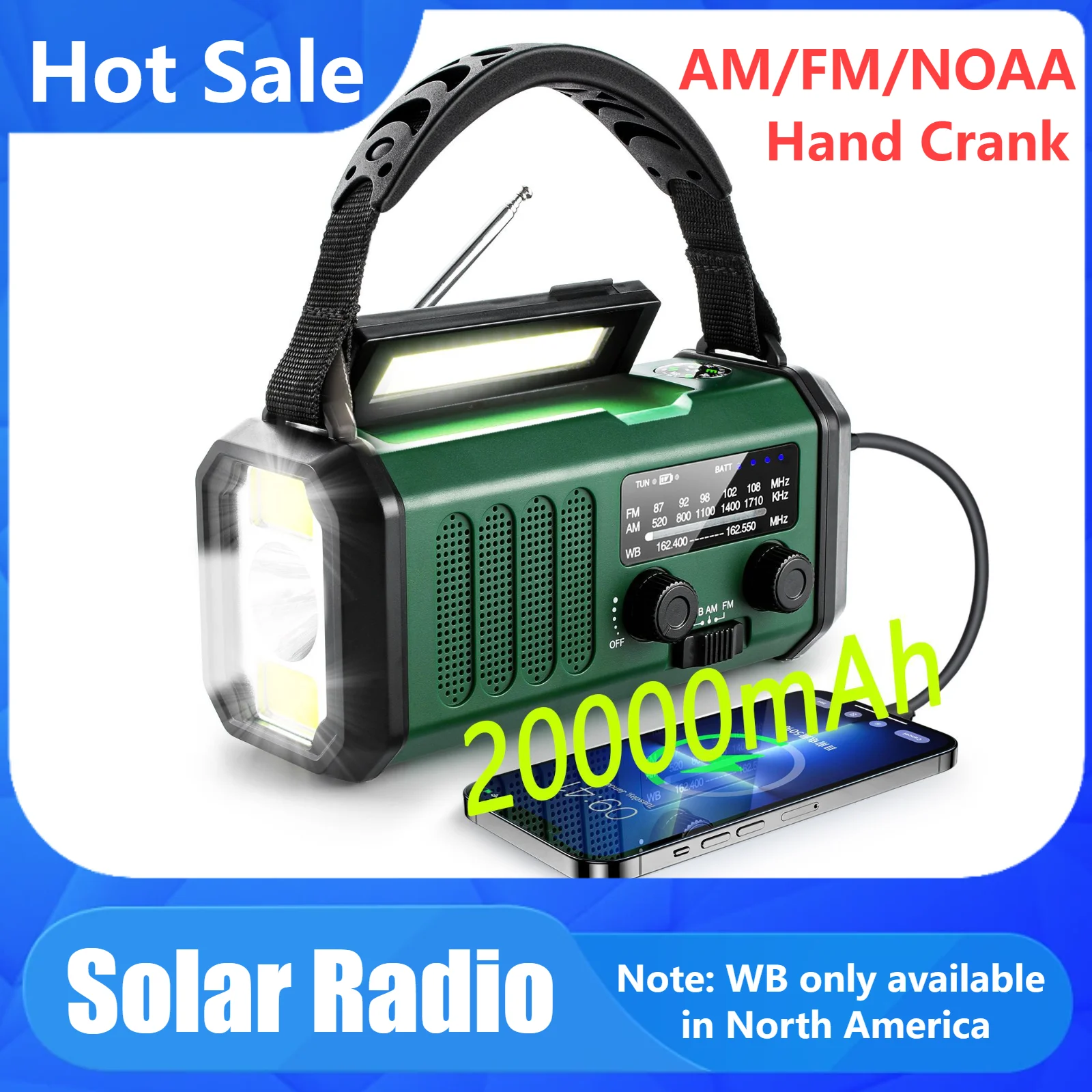 Radio Solar con batería de 20000mAh, Radio AM/FM/NOAA, manivela manual, Radio de emergencia portátil, linterna de supervivencia para exteriores