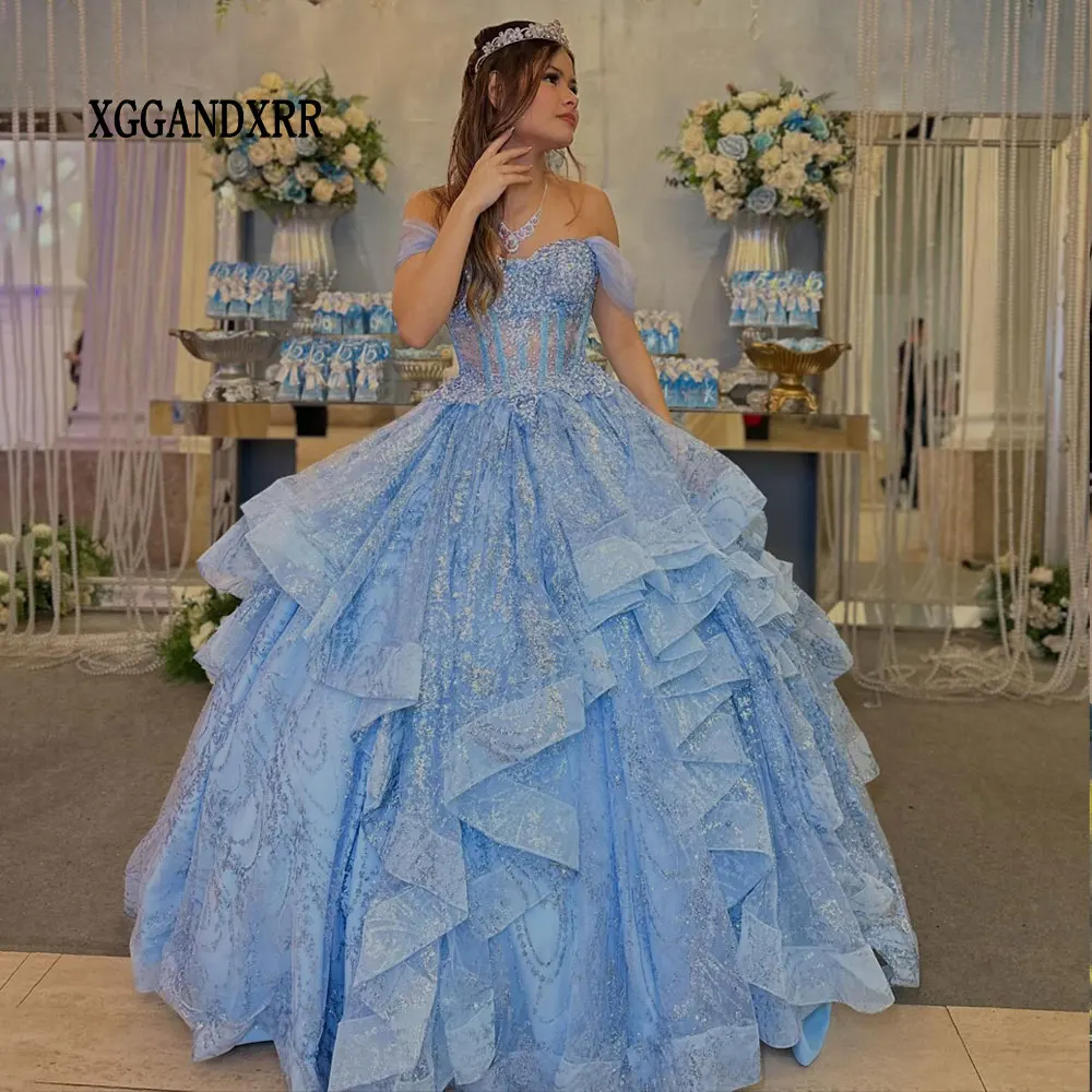 Two Pieces Sky Blue Quinceanera Dresses 2-in-1 Ball Gown Princess Sweet 16 Dresses Lace Sequin High Low 15 Birthday Party Gown