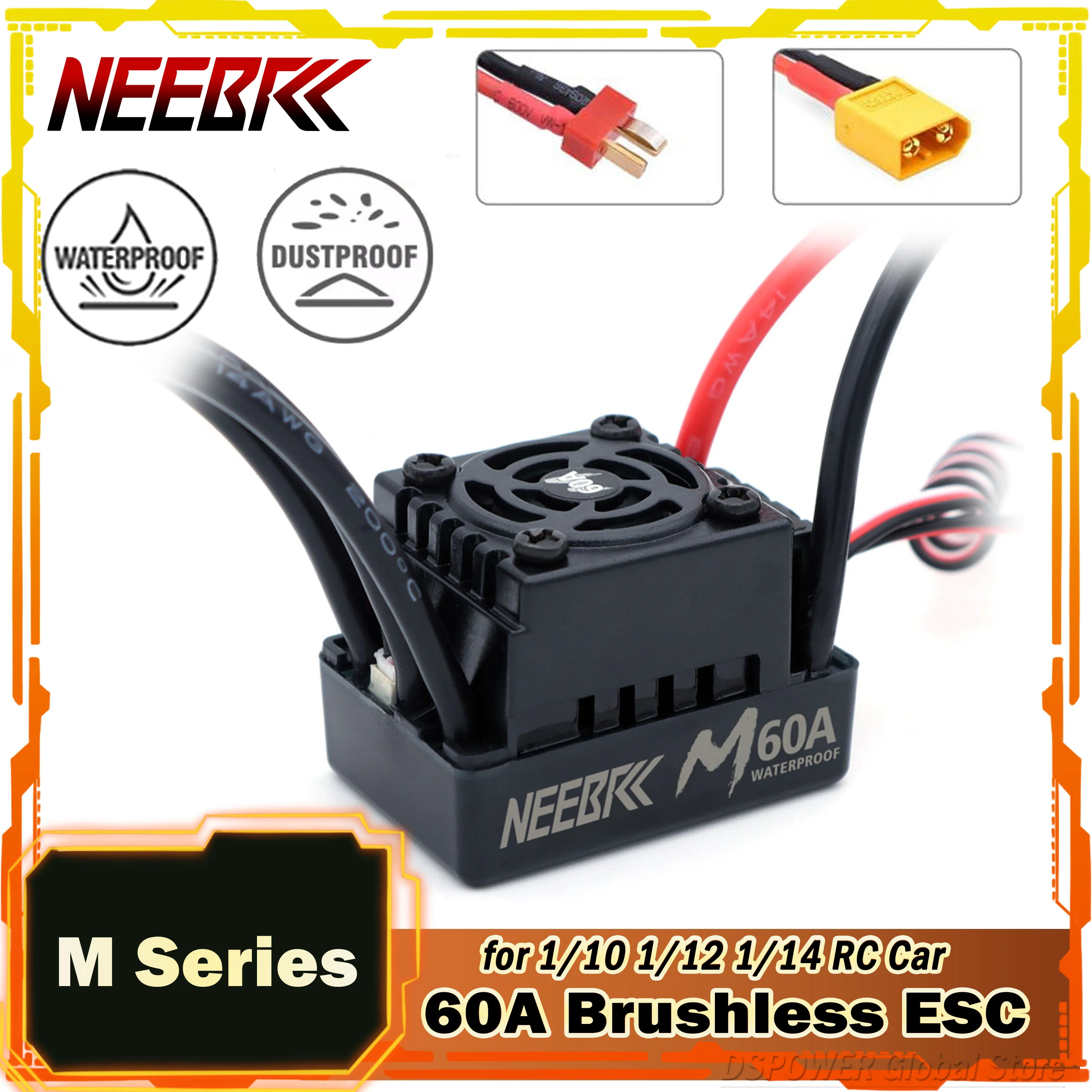 NEEBRC 60A Brushless ESC Waterproof T/XT60 2-3S Program Card for 1/10 1/12 1/14 RC On/Off-road Buggy Monster Car 3650 Motor Toy