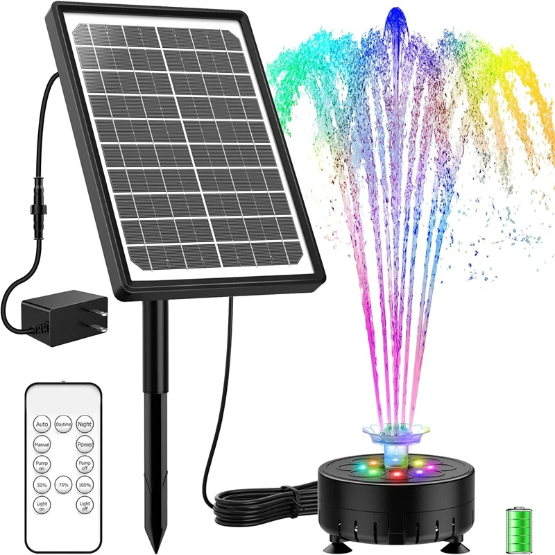 

10W Rechargeable Solar Fountain Pump with Remote LED Colorful Lights and 4400mAh Batteries for Bird Ponds Fish Tanks and Gardens