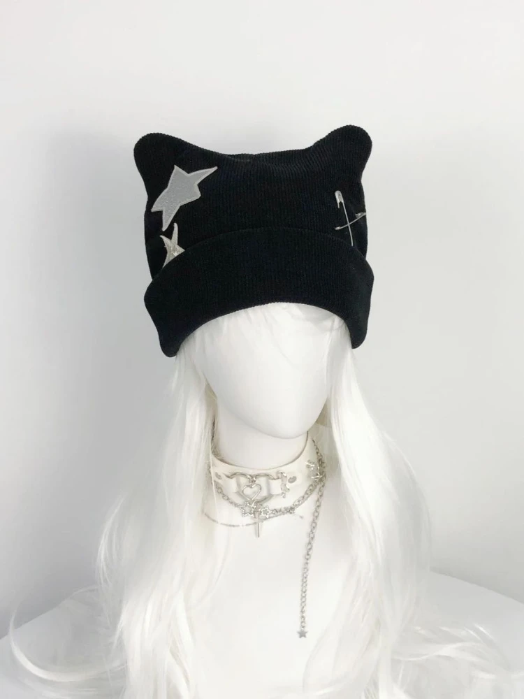 Y2k Aesthetic Knitted Kawaii Cute Cat Ears Hat Autumn Winter Sweet Star Warm Bucket Hats Harajuku Vintage Cap Japanese All Match image 3