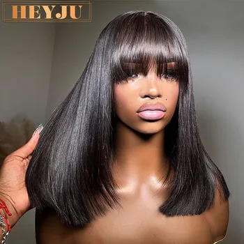 Perruque Bob Lace Wig Brésilienne Naturelle, Cheveux Courts et Lisses, avec Frange, 3x1 HD, 100% de Densité, pour Femme Africaine