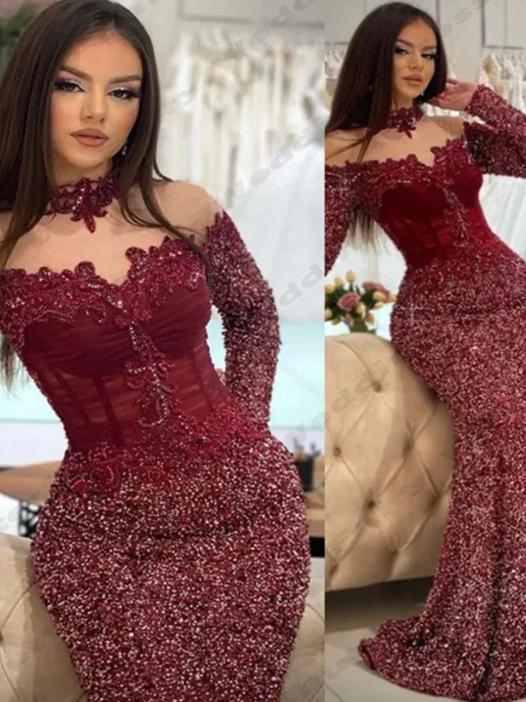 2024 Vintage Wine Red Women\'s Evening Dresses Sparkling Mermaid Elegant Long Sleeved Princess Prom Gowns Fashion Formal Party De