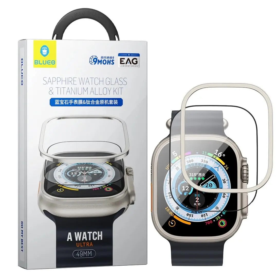 

Комплект защитного стекла из закаленного стекла Blueo из сапфира и титанового сплава для Apple Watch, Ultra 49 мм с монтажным лотком
