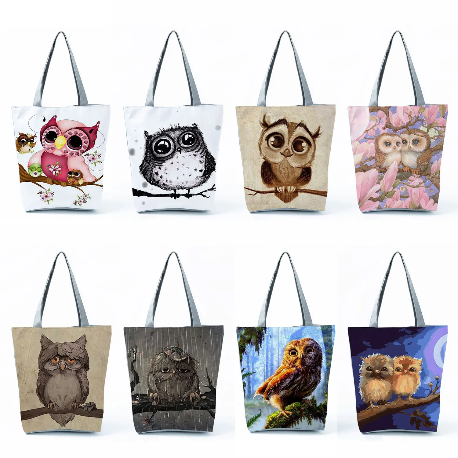 Kawaii Cute Cartoon Animal Shoulder Bags Eco Reusable Shopping Bag Owl Print Handbags for Women Casual High Capacity Travel Tote