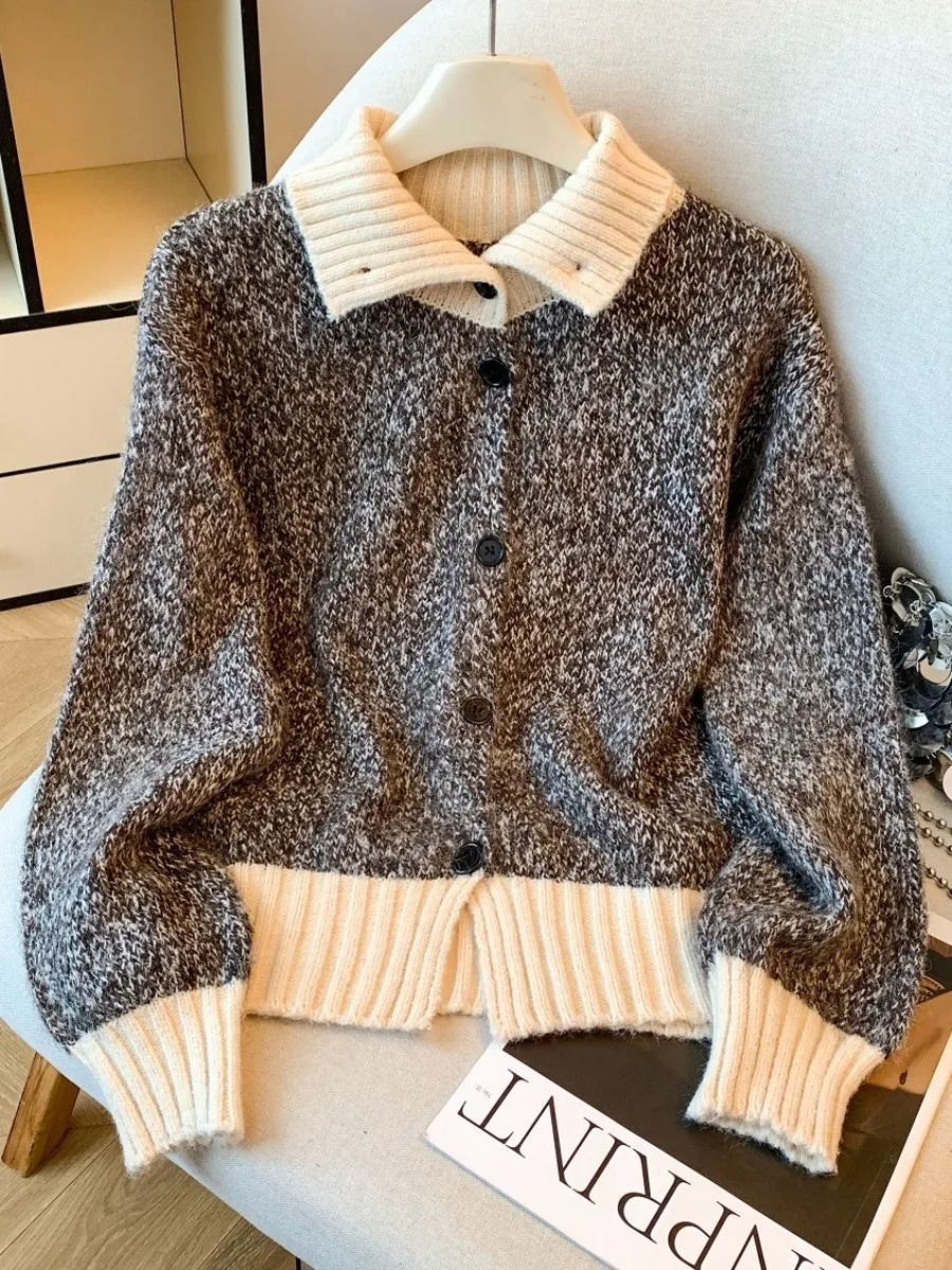 Thiened High Collar Knitted Sweater Coat Women's Autumn Winter Faion Retro Color Blo  Collar Long Sve Knitwear