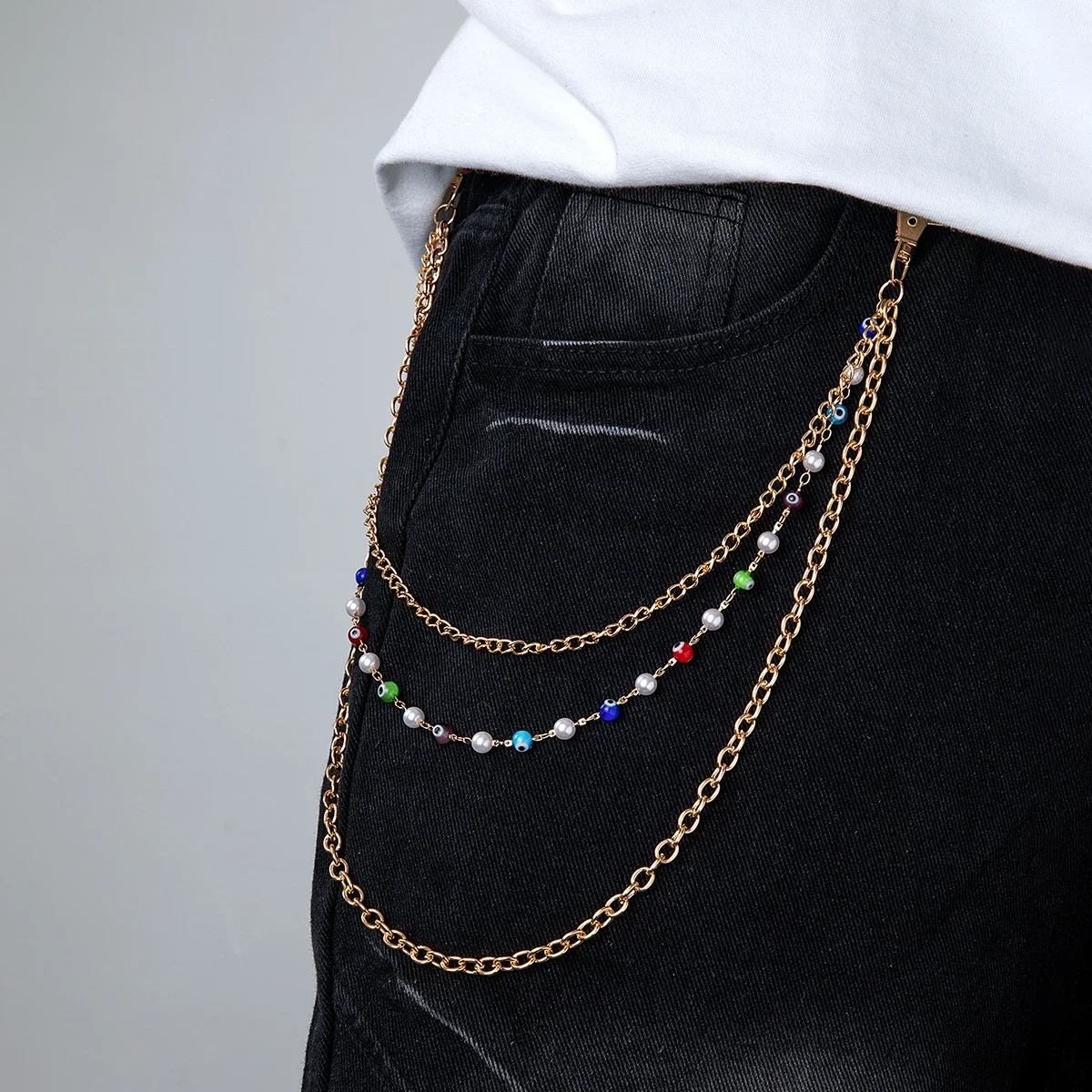 

1 piece of hip-hop devil's eye multi-layer layered imitation pearl metal chain men's jeans chain versatile body chain