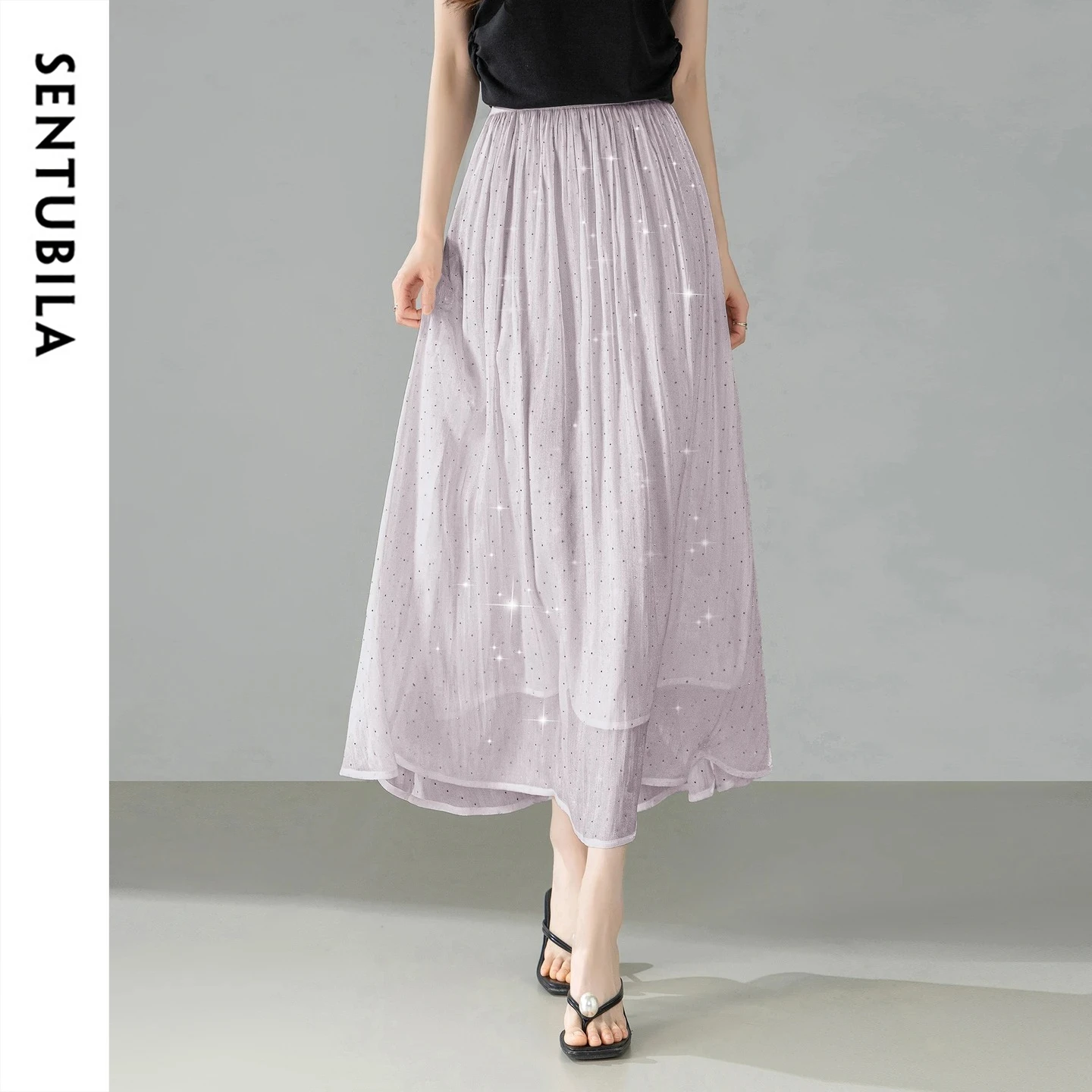 SENTUBILA Elegant Shimmer Flow Double-Layer Tulle Skirt Women 2026 Summer Fashion Sparkle Rhinestone A-Line Skirt 162QG7413