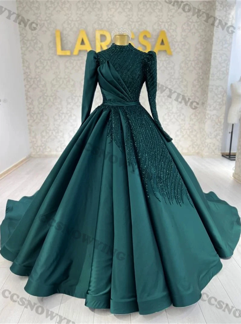 

Oliver Green Satin High Neck Muslim Evening Dresses Formal Party Gown Appliqués Beading islamic Hijab Arabic Dubai Kaftan