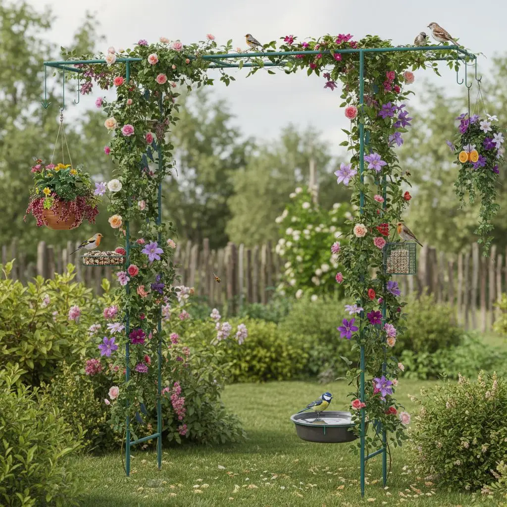 213 cm Garten-Futterstation, Robuster Gartenbogen mit Wassernapf, Gitterablage, Fettfutterstation, Grün – Detail 1