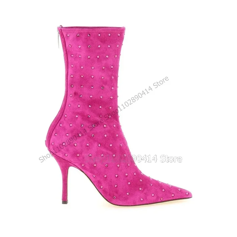 

Rose Red Crystal Decor Mid Calf Pointed Toe Boots Back Zipper Women Shoes Thin High Heels Novel Fashion 2023 Zapatos Para Mujere