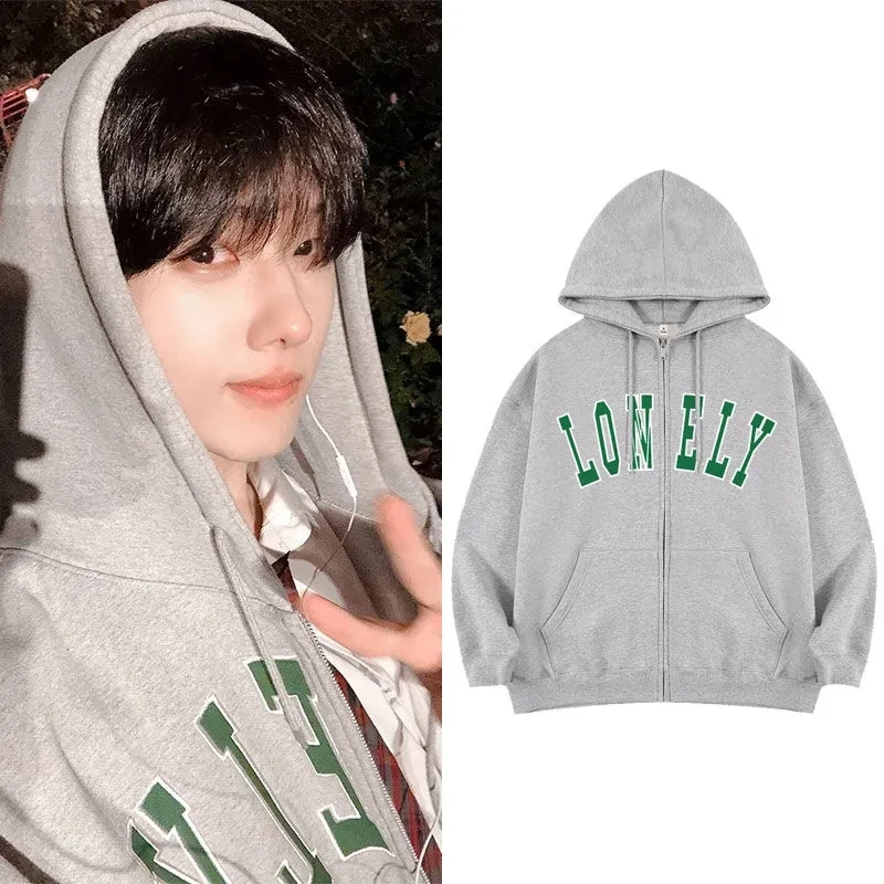 

New Kpop Nct Dream Vocal Concert Same Hooded Lonely Gray Color Long Sleeved Cotton Sweatshirt Y2k Oversize Zip-up Cardigan