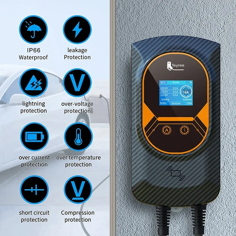 EVSE Wallbox Type2 Cabo 32A 7.6KW EV Carregador de carro 11KW 22KW Estação de carregamento trifásica APP Controle de cartões RFID para veículos