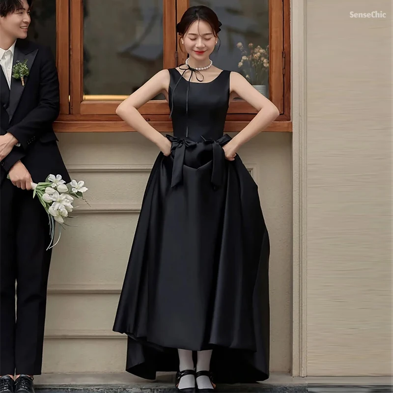 Vestidos de novia con lazo negro, satén, cuello redondo, corte en A, Corea ..........., largo, sin tirantes, sencillo, elegante, para fiesta, personalizado