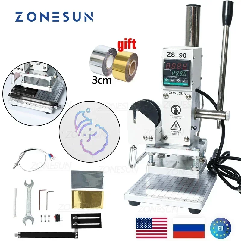 ZONESUN-máquina de prensado en caliente para ZS-90, Máquina Manual de estampado de bronce para tarjetas de PVC, cuero, papel, madera, entrenador,