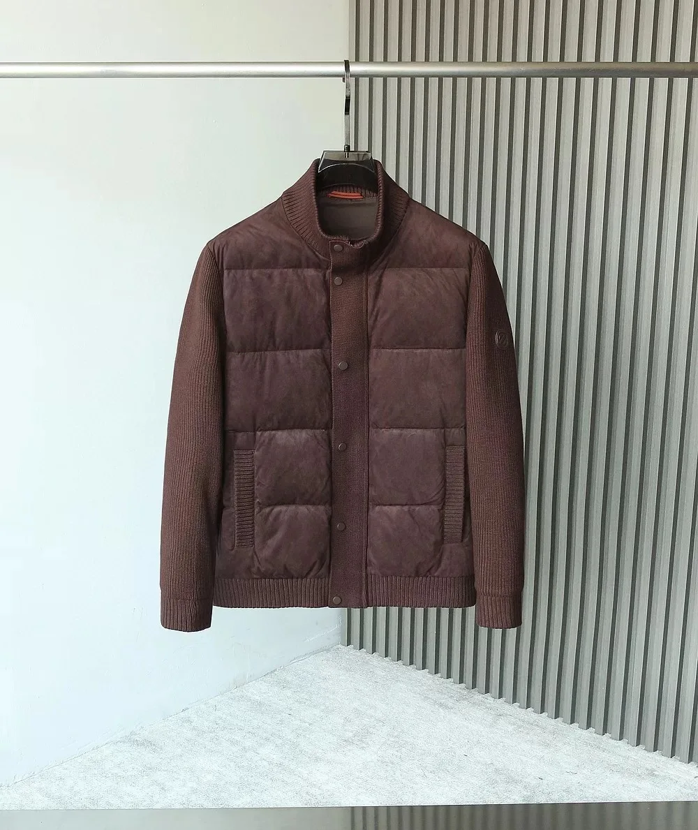 

Italian Preppy Sle Men's down Jaet Stand Collar Knitted Patchwork White Du Feather Open Cardigan Luxury Autumn Winter Coat