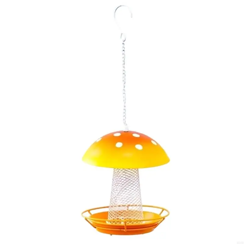 Hanging Mushroom Bird Feeder Iron Metal with Chain, Center Tube and Round Tray for Yard Balcony Porch Display Use B03E