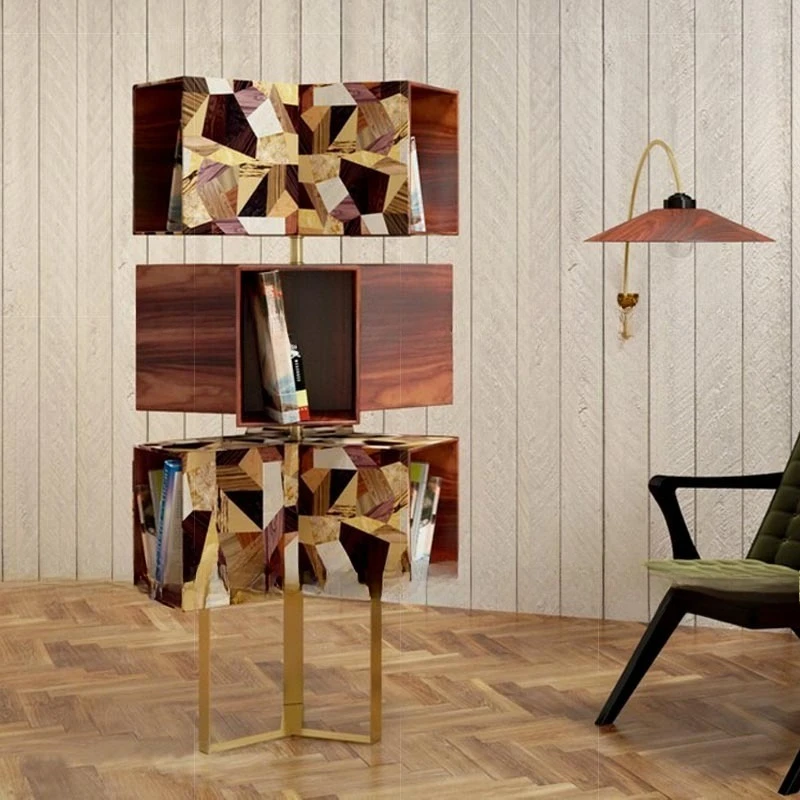 Italian light luxury solid wood rotating bookshelf home villa high-end bookcase designer, storage shelf
