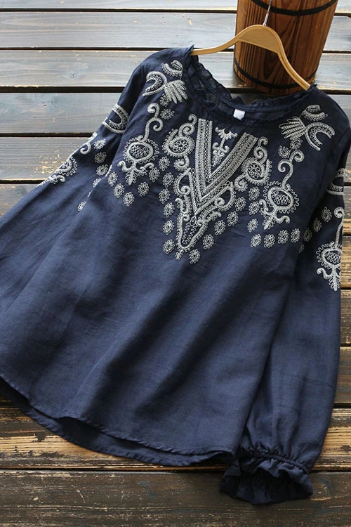 Retro okrągły dekolt, haftowany T-shirt z bawełny i lnu, plus size, damski, casualowy, wygodny, uniwersalny, tuszujący niedoskonałości.