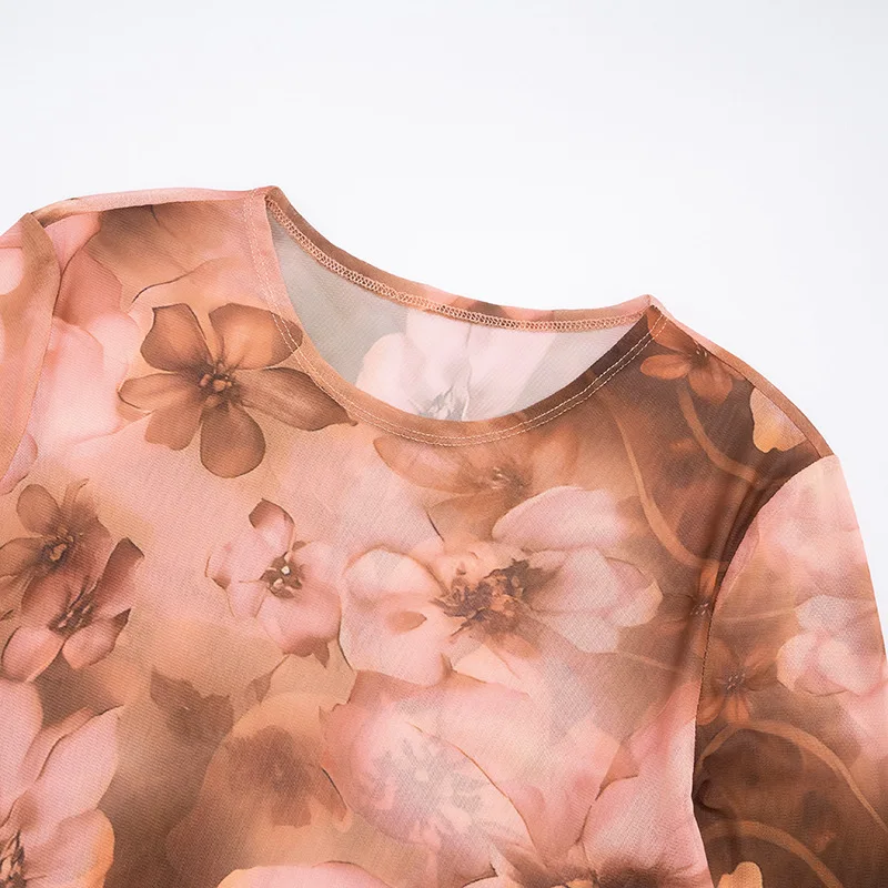 Ensemble 2 pièces en maille transparente pour femmes, imprimé Floral, col rond, T-shirts à manches longues, haut + Leggings slim, pantalon, costumes de club, survêtement