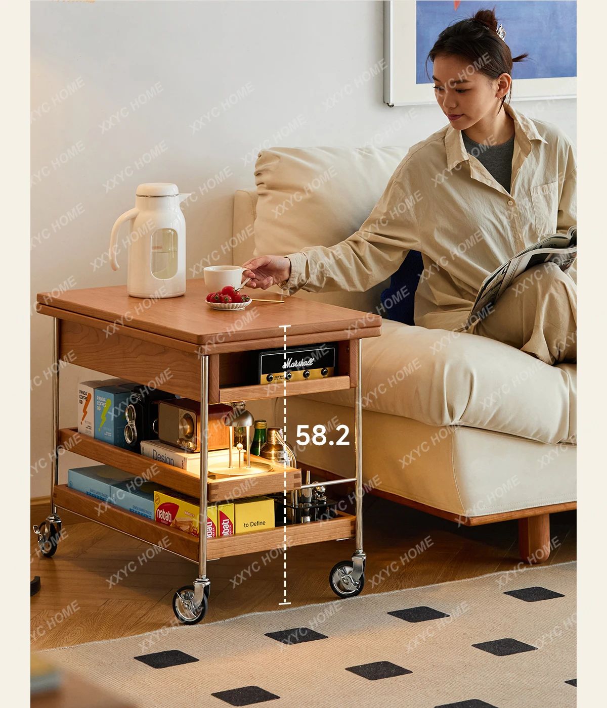 HSolid wood living room household trolley movable folding edge several multi-functional small apartment tea table