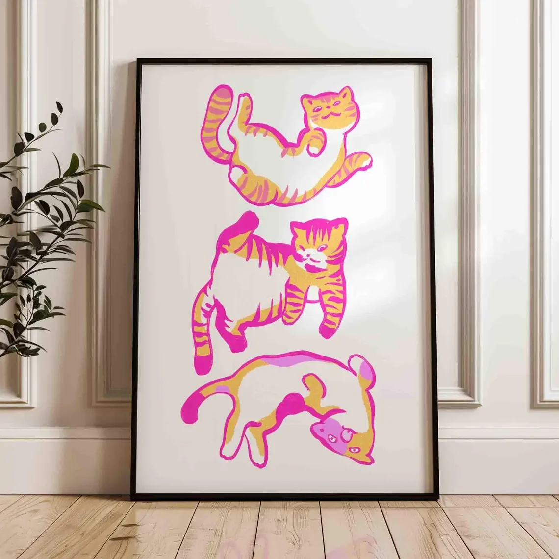 Cats Wall Art Print, Cat Poster in Pink and Orange, Cute Kitten Illustration, Cat Lover Gift, Dopamine Unframed Shipped Print, C