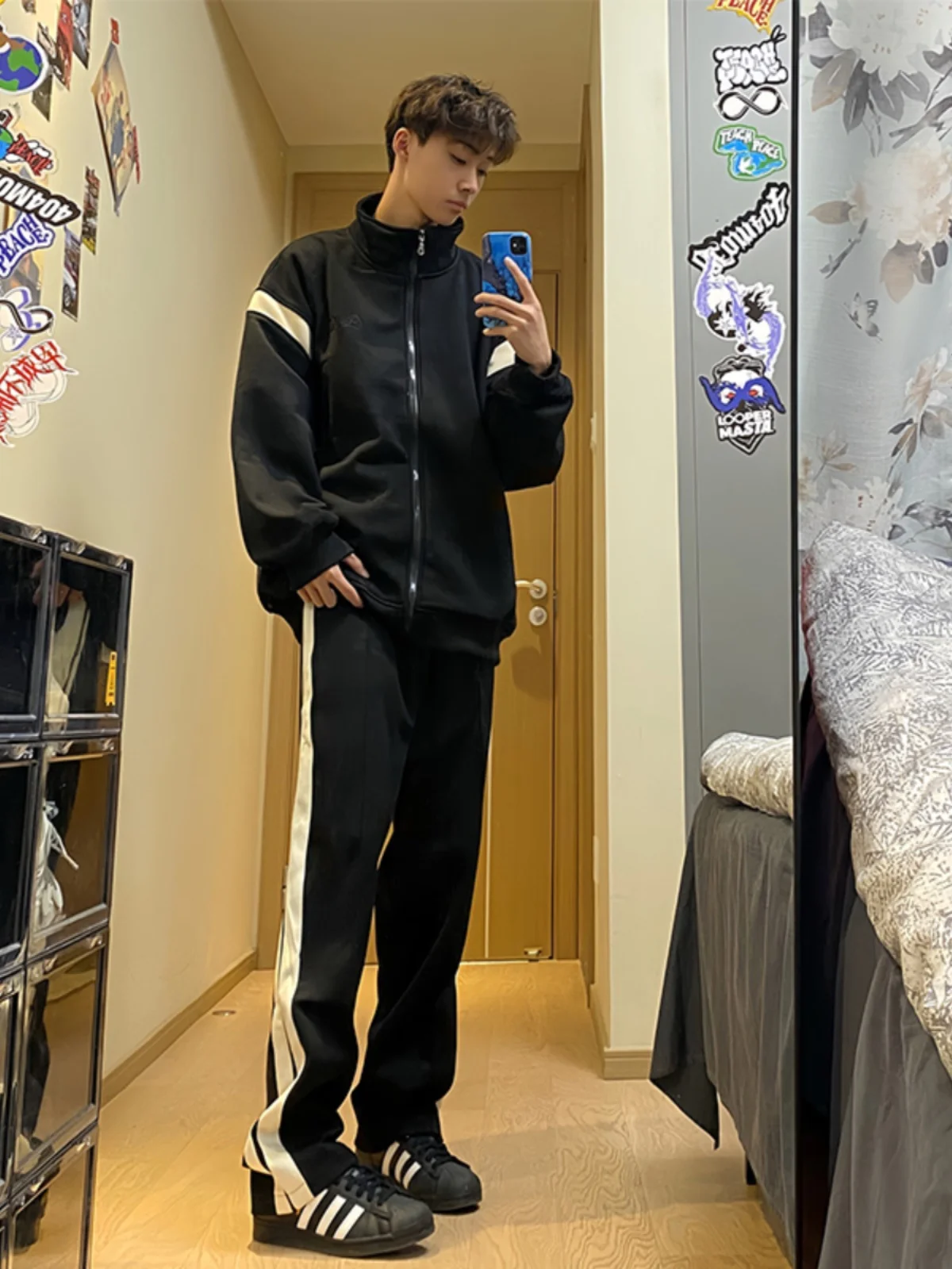 

Men's Casual Pants Side Stripe Drapey Straight Leg Spring Autumn High Street Sle Teen Faion Polyester Fiber Straight Tube