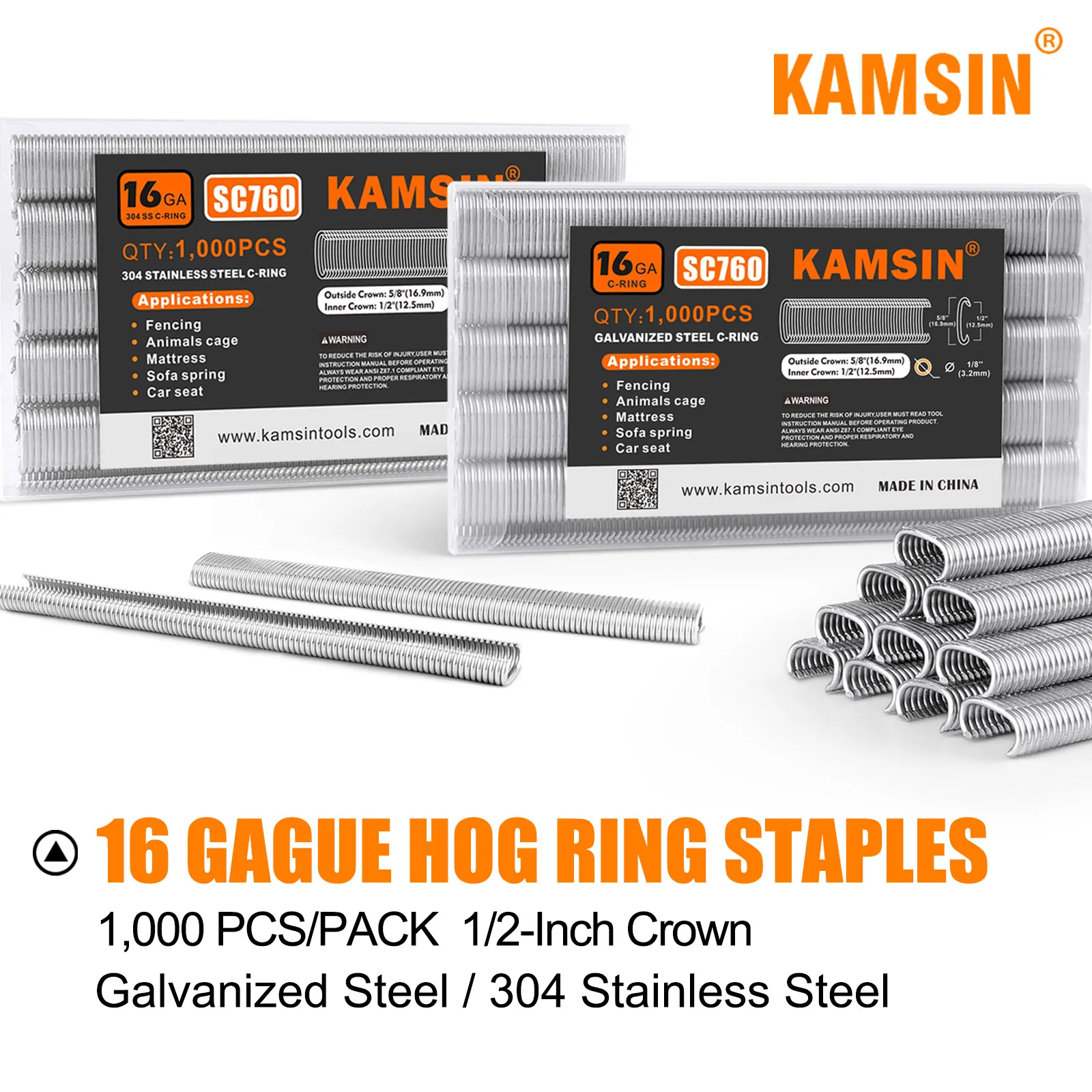 KAMSIN SC760 16 Gauge 5/8'' Crown Stainless Steel Galvanized steelC-Rings Hog Rings