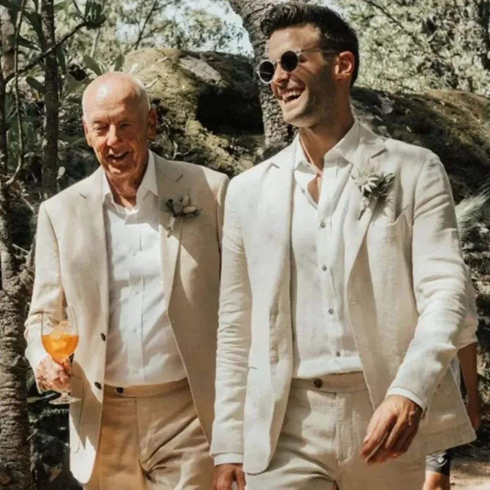 

Elegant Wedding Blazer Men Suits Linen Jacket Pants Two Piece Leisure Summer Beige Fashion Slim Fit Full Set Costume Hombre 2024